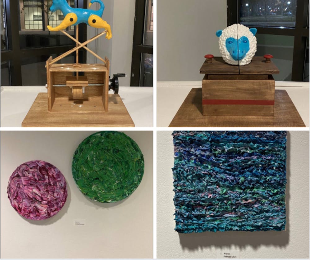Collection of artwork at the BFA Senior Solo Show Exhibition. Kailee Lockwood created the two art pieces on the top and Carly McKenzie created the two two art pieces on the bottom (photos courtesy of Shivani Srivastava).
