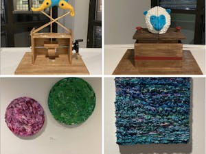 Collection of artwork at the BFA Senior Solo Show Exhibition. Kailee Lockwood created the two art pieces on the top and Carly McKenzie created the two two art pieces on the bottom (photos courtesy of Shivani Srivastava).