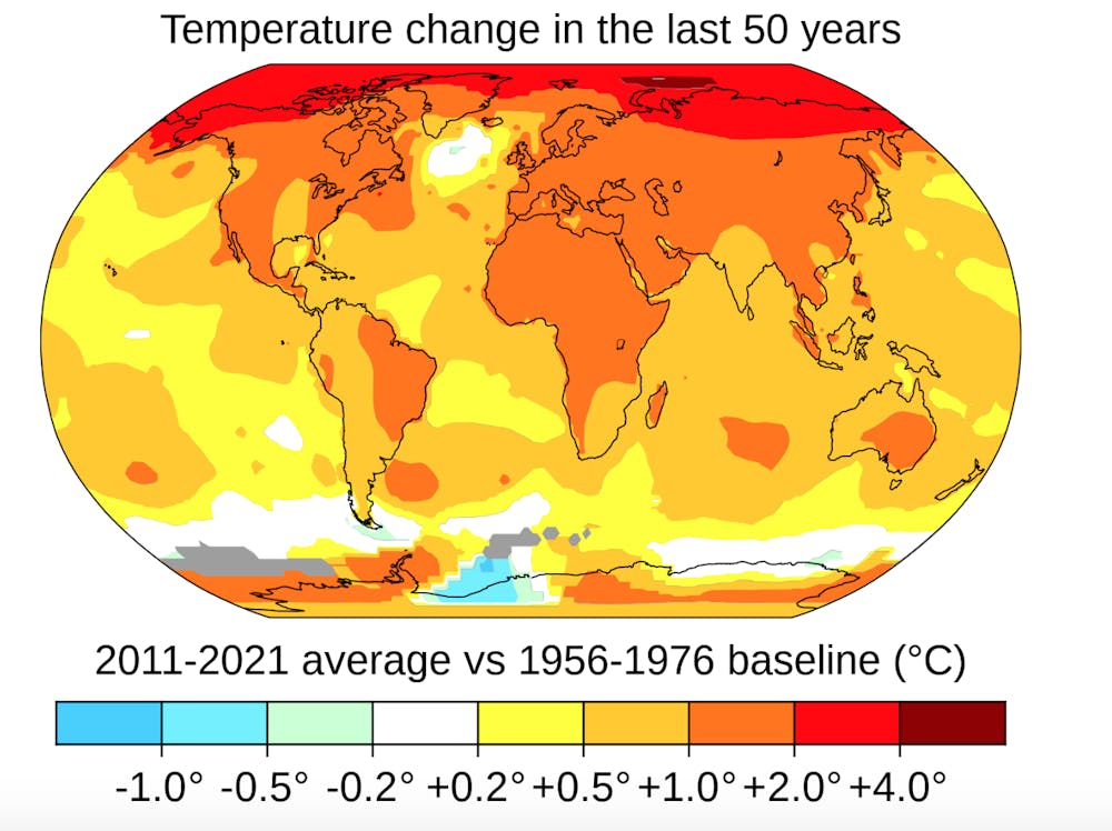 (Photo courtesy of Wikimedia Commons/“Change in Average Temperature” by NASA’s Scientific Visualization Studio, Key and Title by Eric Fisk. January 15, 2020). 