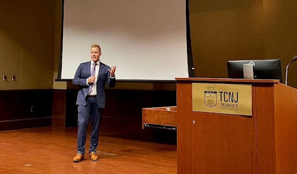 NJDEP Commissioner Shawn LaTourette speaking at the College. (Photo courtesy of Haley Mejias)