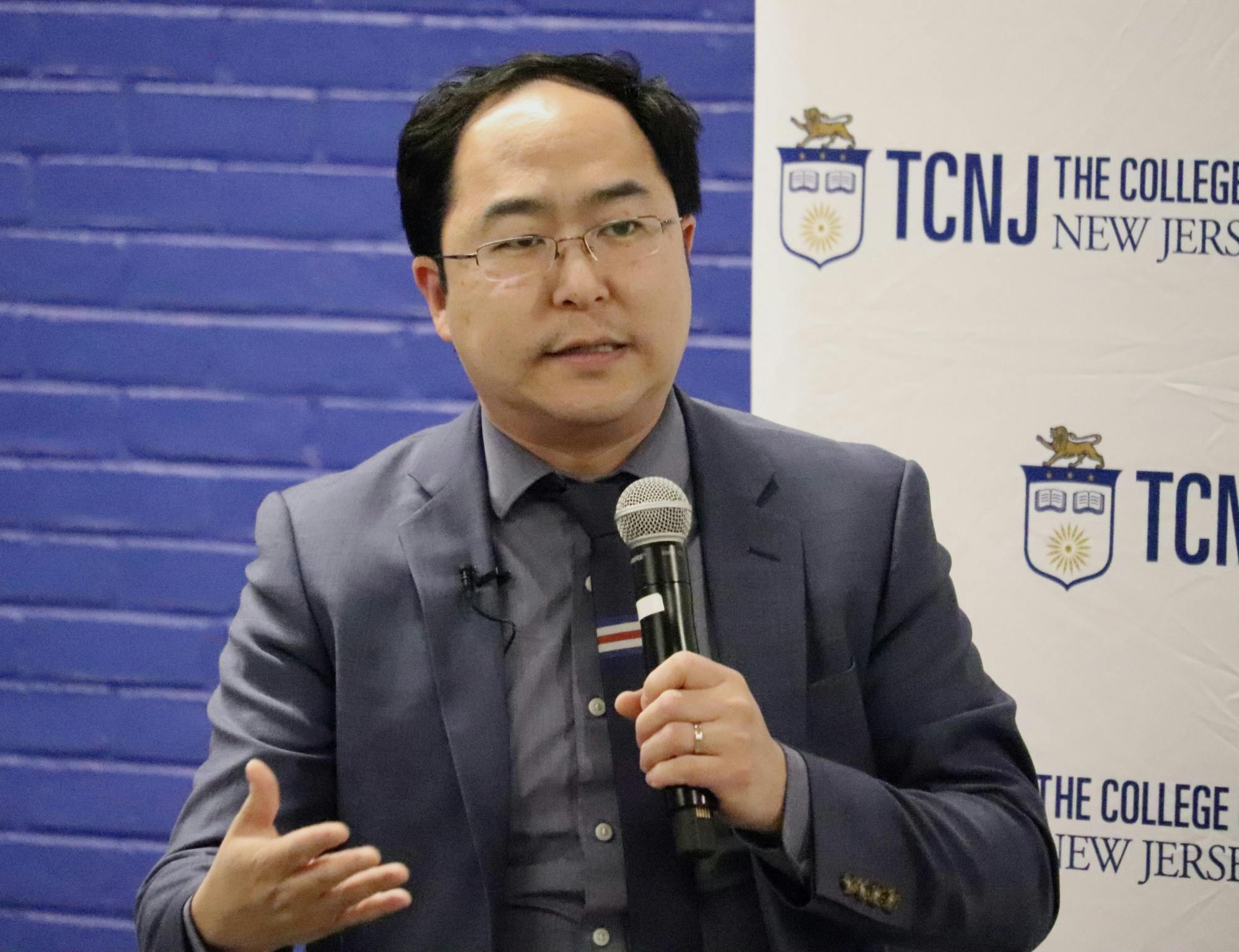 Rep. Andy Kim at the event speaking to members of the College community about his experience in politics (Photo by Brooke Zevon / Staff Photographer).