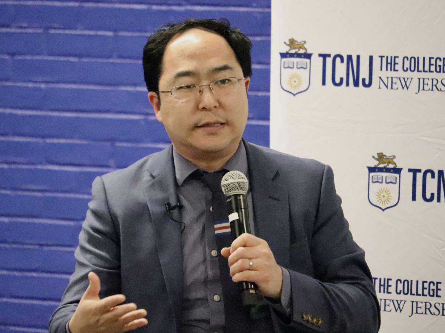 Rep. Andy Kim at the event speaking to members of the College community about his experience in politics (Photo by Brooke Zevon / Staff Photographer).