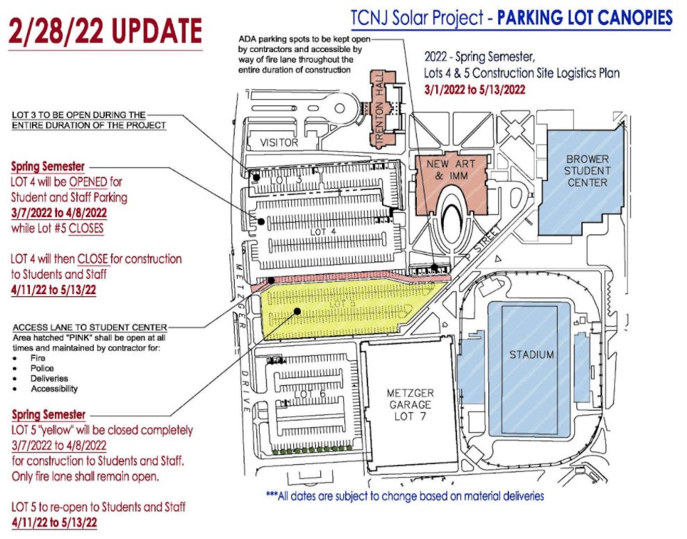 Lot 5 will be closed from March 7 until April 11. Lot 4 will reopen on March 7 for both students and staff, but will close again from April 11 until May 13.