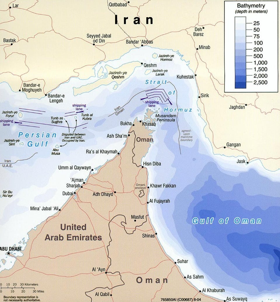 A visualization of the Strait of Hormuz. (Photo courtesy of Wikimedia Commons)