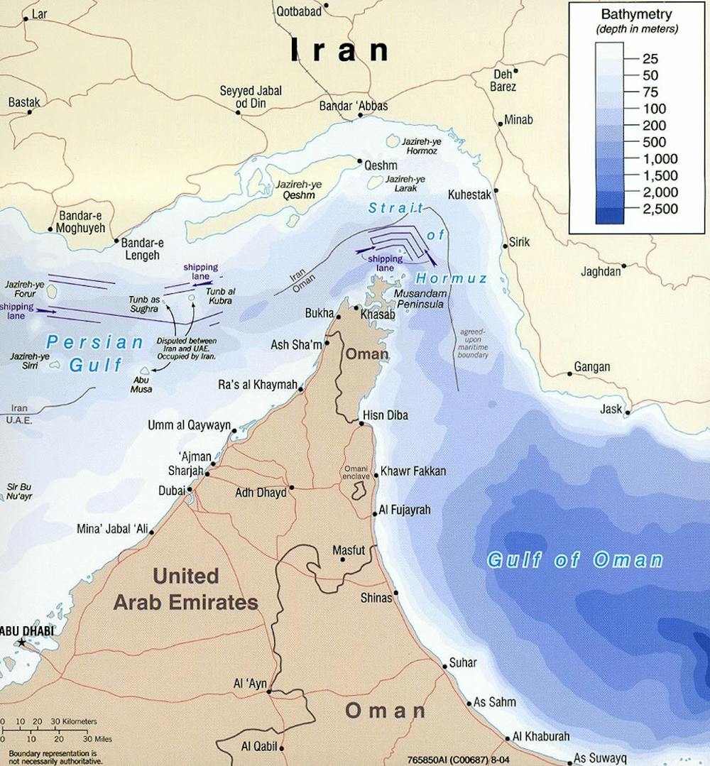 <p><em>A visualization of the Strait of Hormuz. (Photo courtesy of </em><a href="https://commons.wikimedia.org/wiki/File:Strait_of_hormuz_full.jpg"><u><em>Wikimedia Commons</em></u></a><em>)</em></p>