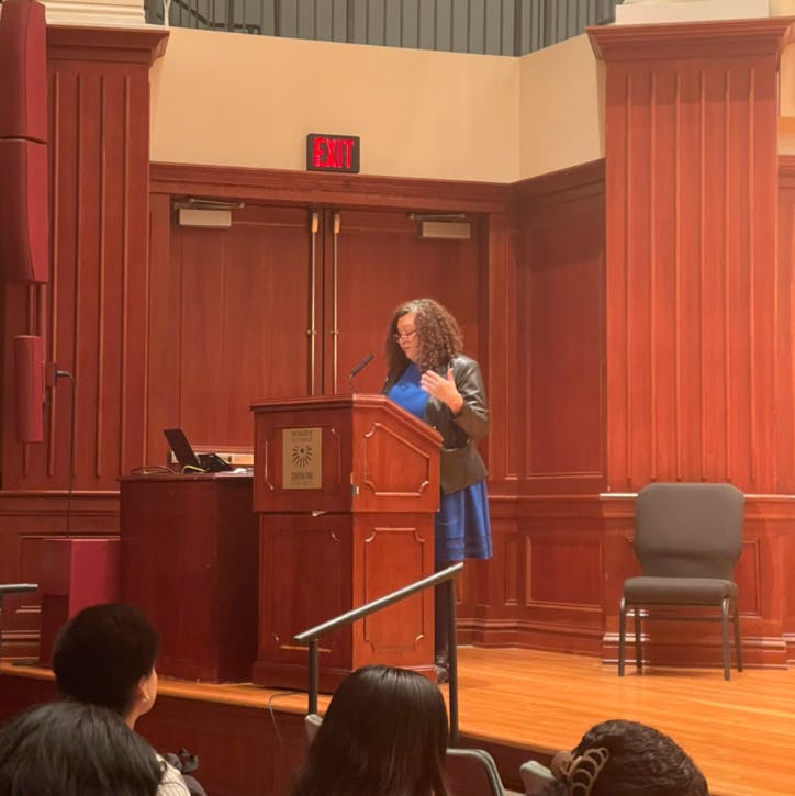 Dr. Lorgia García Peña speaking about translating blackness in Mayo Hall (Myara Gomez / Staff Writer).
