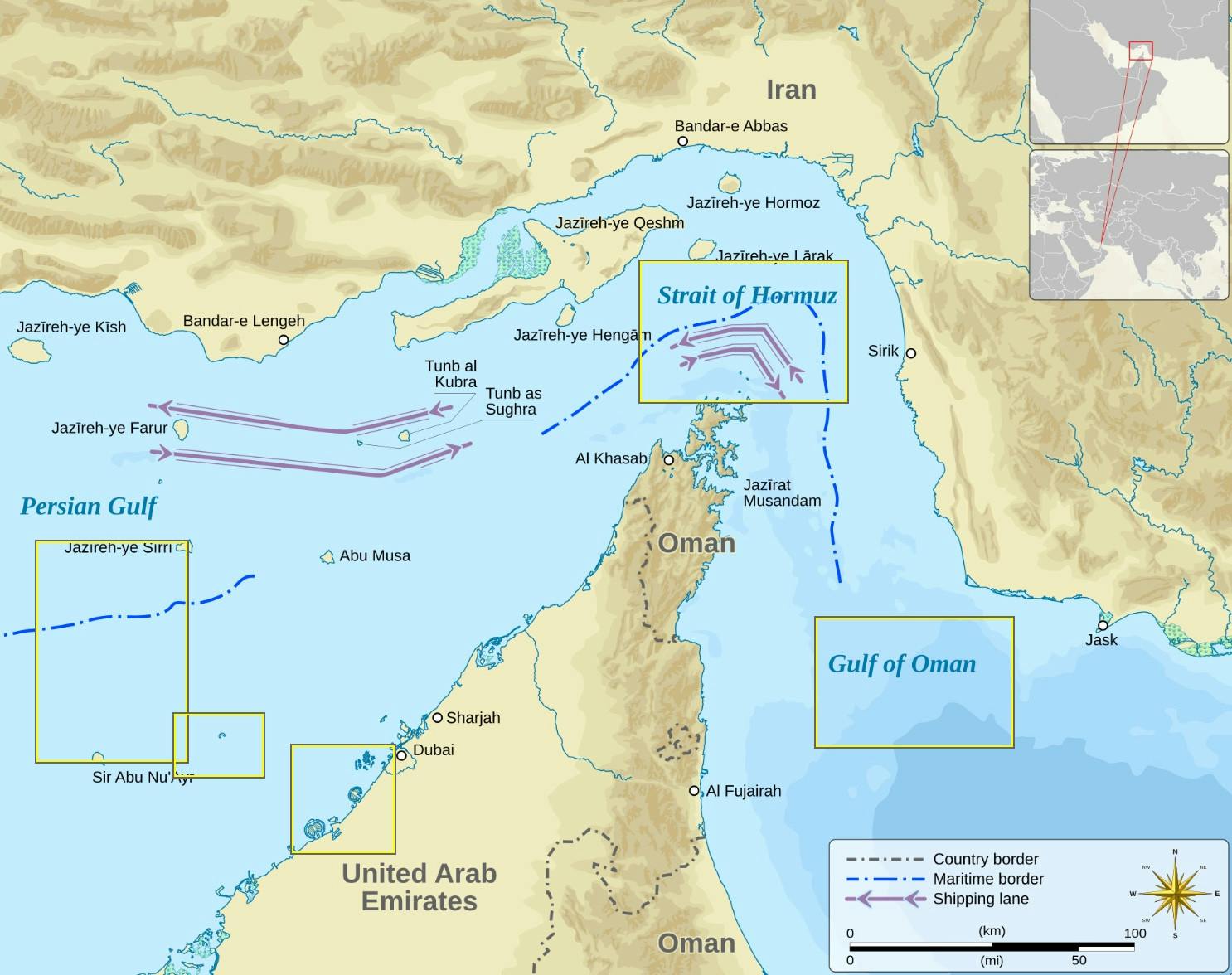 The Strait of Hormuz is a waterway between the Persian Gulf and the Gulf of Oman. (Photo courtesy of Wikimedia Commons)
