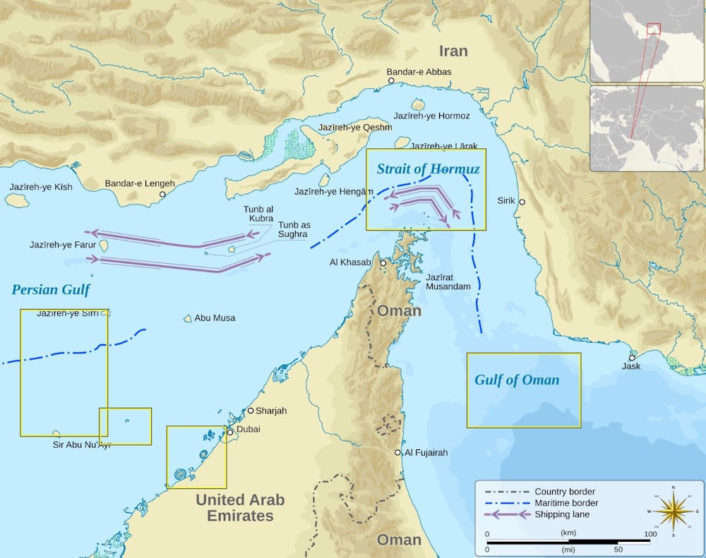 <p><em>The Strait of Hormuz is a waterway between the Persian Gulf and the Gulf of Oman. (Photo courtesy of </em><a href="https://commons.wikimedia.org/wiki/File:Strait_of_Hormuz-svg-en.svg" target=""><em>Wikimedia Commons</em></a><em>)</em></p>