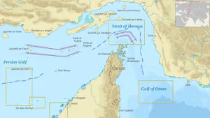The Strait of Hormuz is a waterway between the Persian Gulf and the Gulf of Oman. (Photo courtesy of Wikimedia Commons)