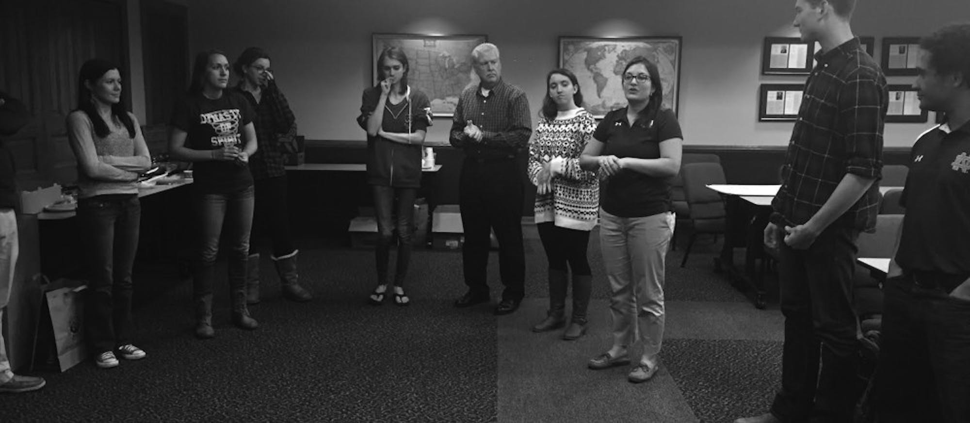Students gather in the Notre Dame Room in LaFortune Student Center to receive bystander intervention training as part of the GreeNDot campaign, which emphasizes awareness and preemptive action.