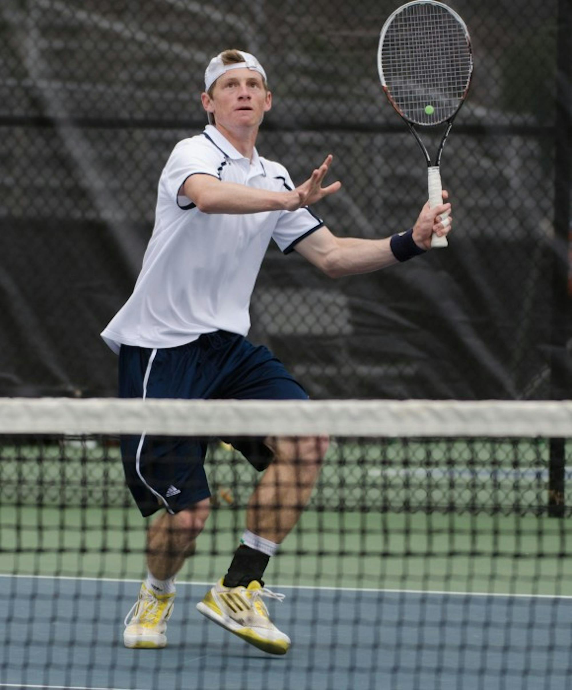 Irish junior Alex Lawson prepares to return a shot in Notre Dame’s 6-1 victory over Florida State on April 13. Lawson paired with senior Billy Pecor to earn an 8-5 doubles win in the match.