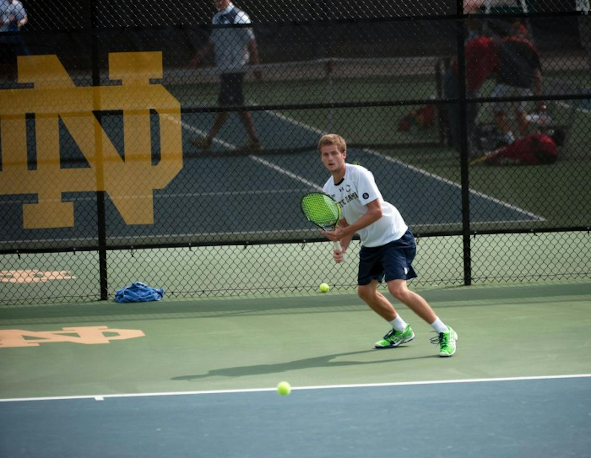 Irish senior Quentin Monaghan returns a shot during a 4-3 win over North Carolina State on April 18 at Courtney Tennis Center.