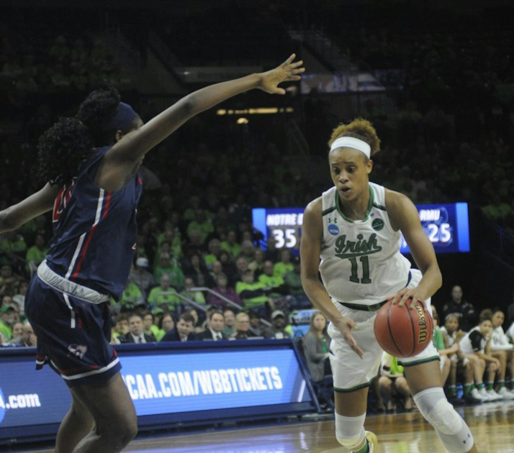 Irish junior forward Brianna Turner drives down the lane during Notre Dame’s 79-49 win over Robert Morris on Friday at Purcell Pavilion.