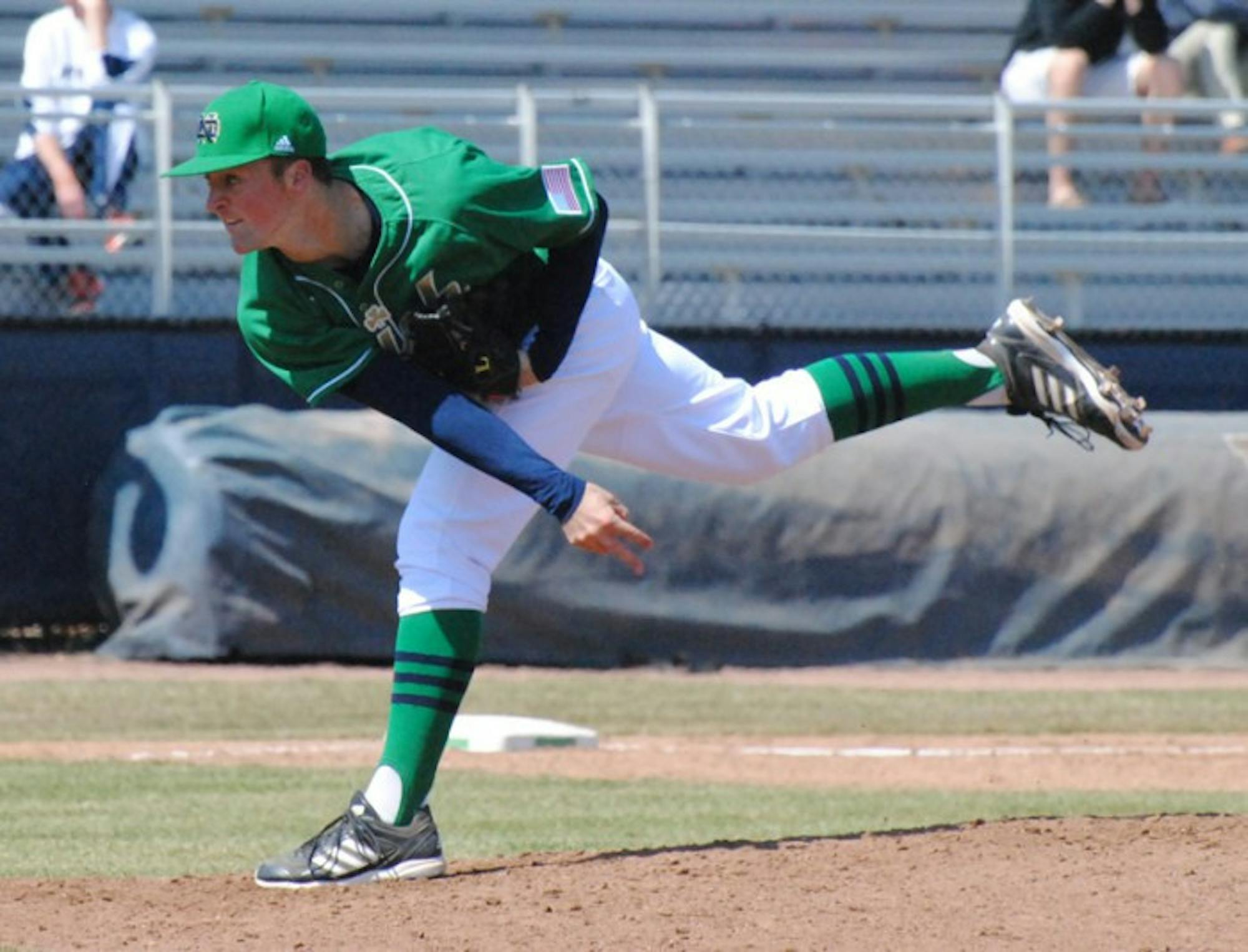 Irish sophomore pitcher Nick McCarty follows through during a 10-6 loss to Villanova on April 7, 2013. McCarty notched a two-hitter Tuesday.