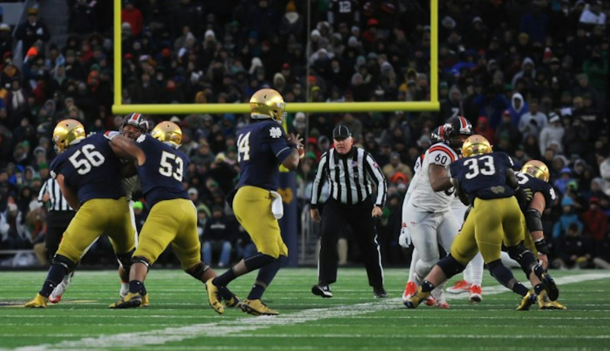 Irish junior quarterback DeShone Kizer drops back in the pocket during Saturday's 34-31 loss to Virginia Tech on Saturday. Kizer threw for 235 yards and two touchdowns in the contest.