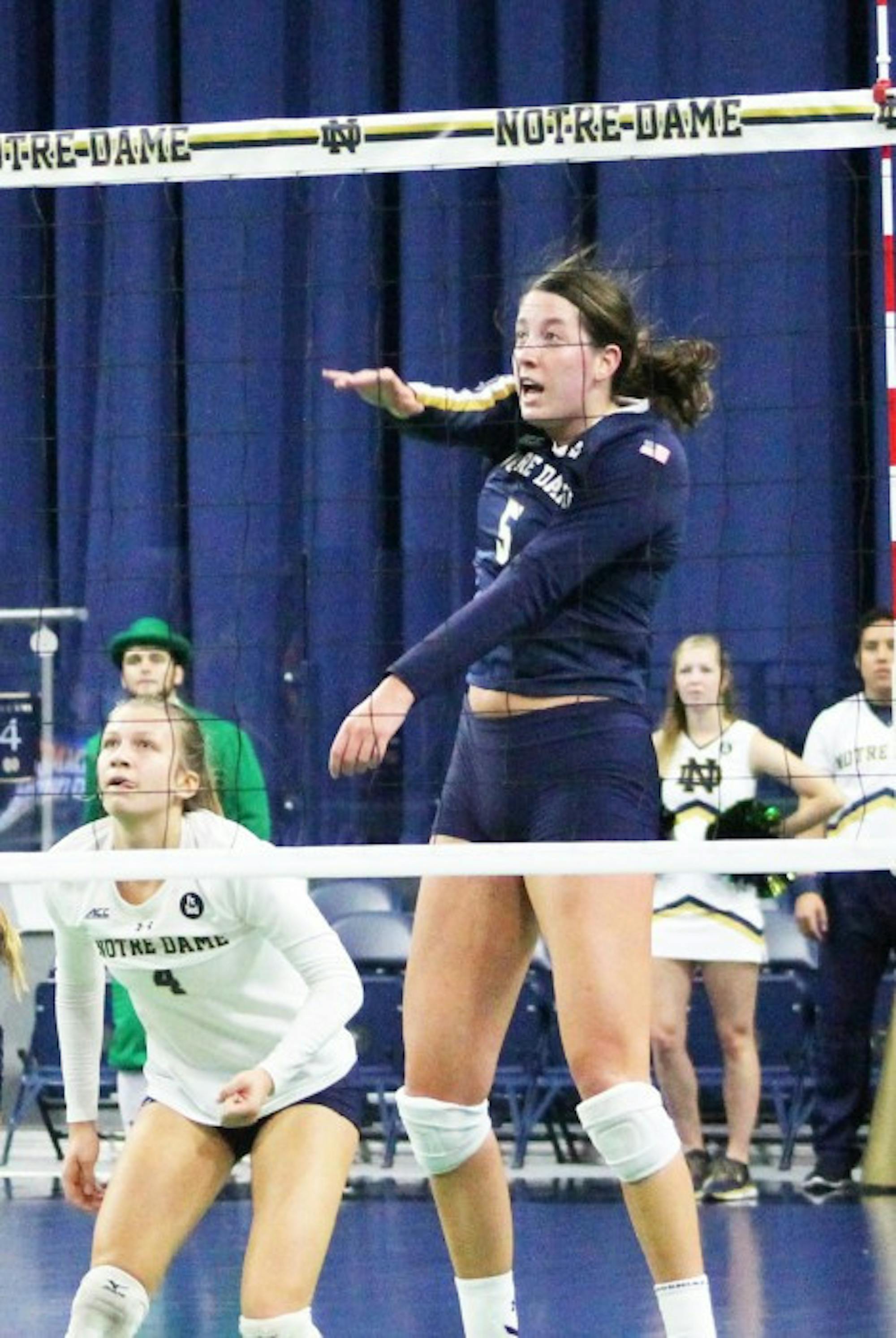 Junior outside hitter Sydney Kuhn makes a hit during Notre Dame’s 3-2 loss to Syracuse at Purcell Pavilion on Oct. 4, 2015.