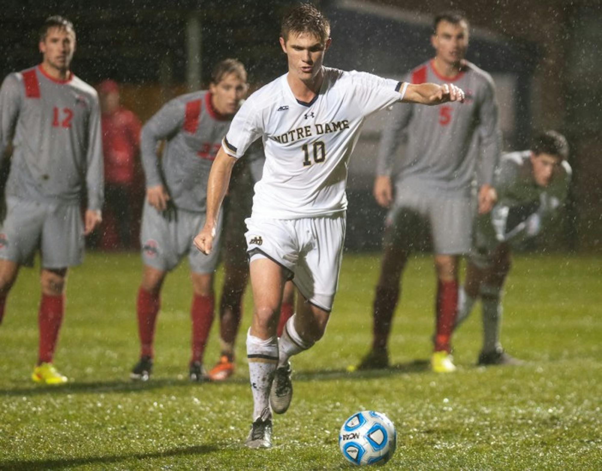 Irish sophomore defender Brandon Aubrey lines up a penalty kick during Notre Dame’s 2-1 win over Ohio State on Sunday night.