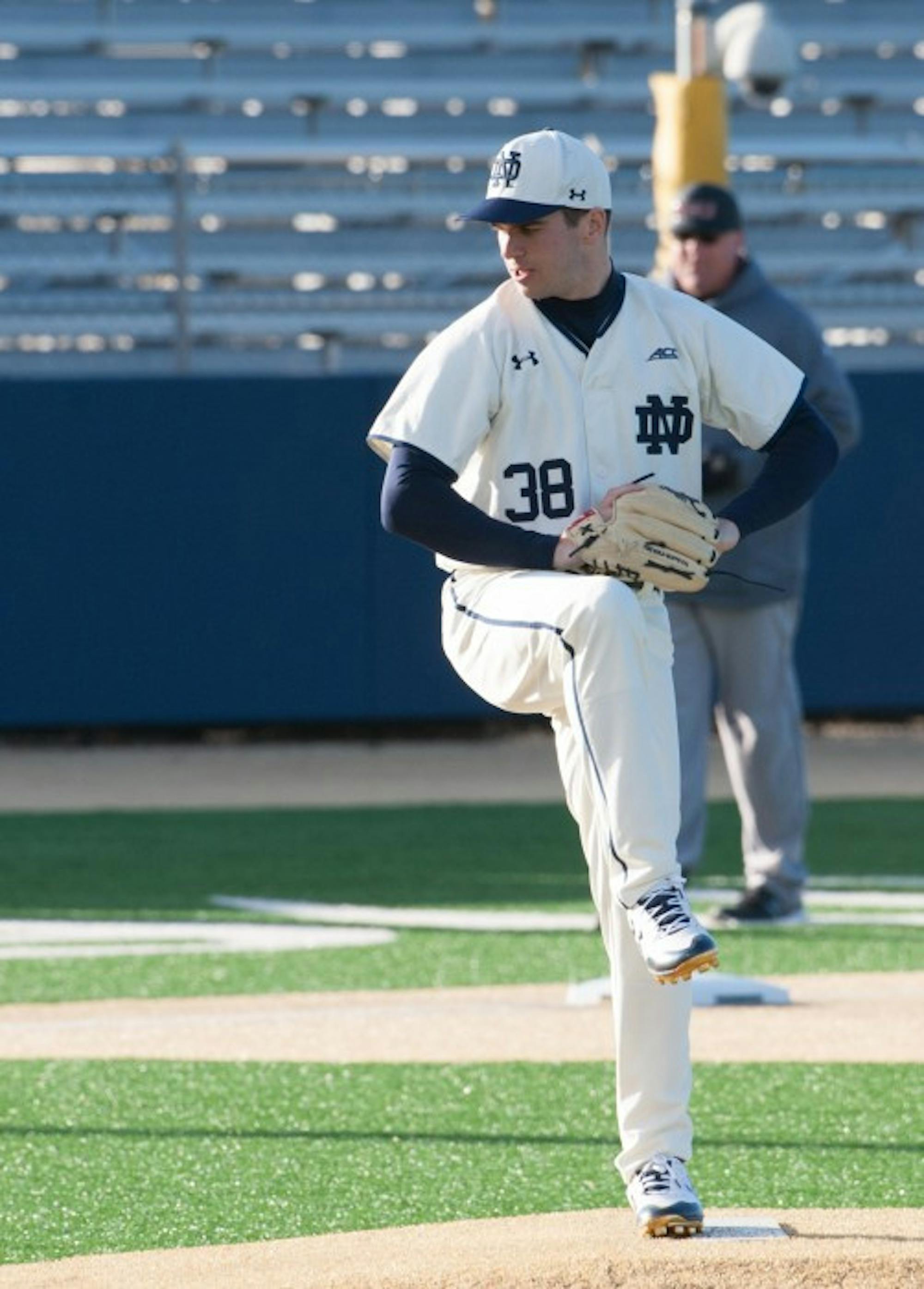 Irish senior southpaw Scott Tully prepares to throw a pitch during Notre Dame's 12-1 win over Northern Illinois on March 21 at Frank Eck Stadium.