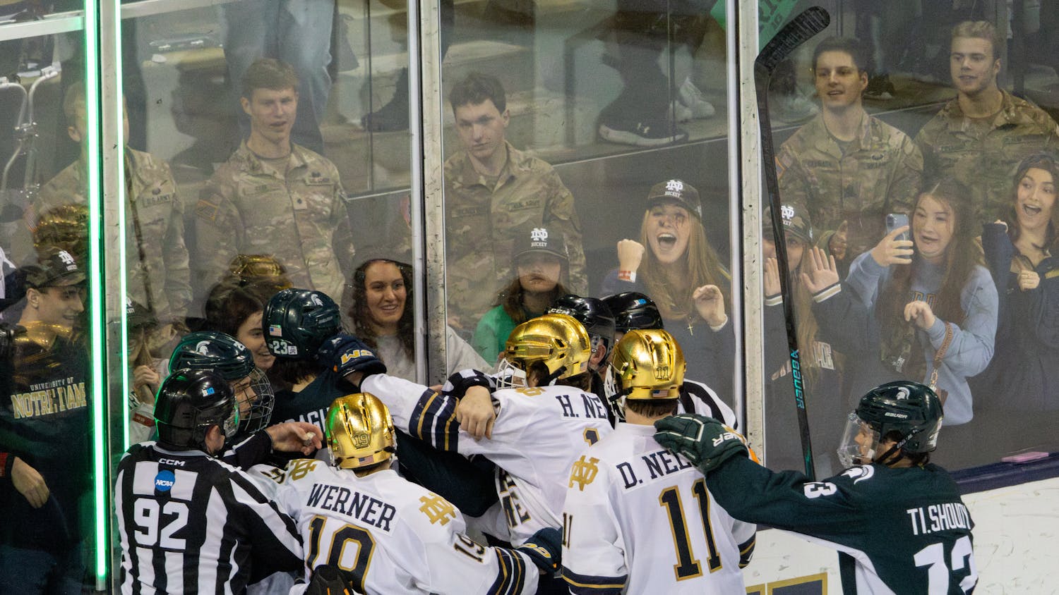 Declan Huggins, Hockey vs. Michigan State, Compton Family Ice Arena, Military Appreciation Night.png