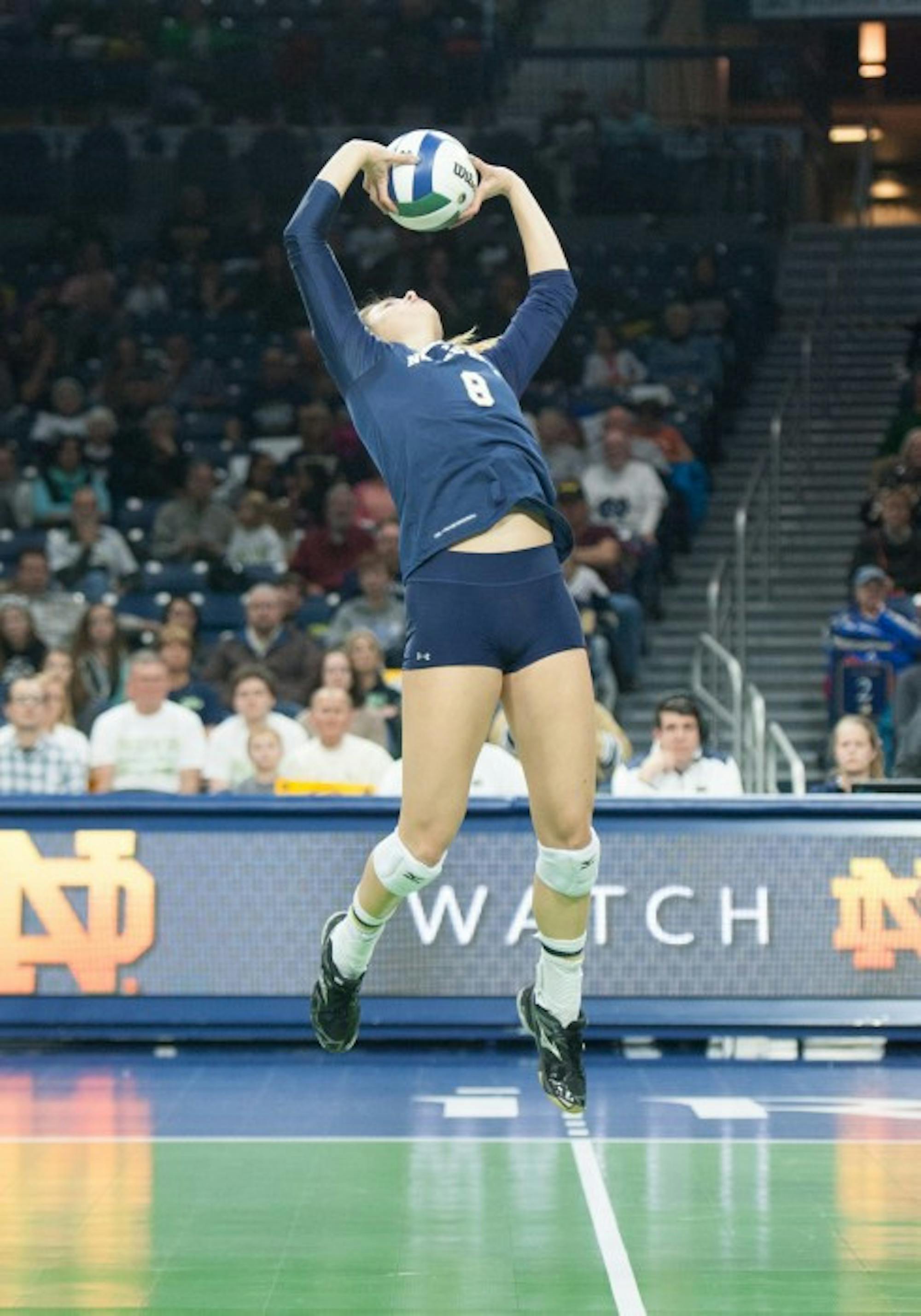 Irish sophomore setter Maddie Dilfer sets the ball during Notre Dame’s 3-0 loss to Pittsburgh at Purcell Pavilion on Nov. 28.