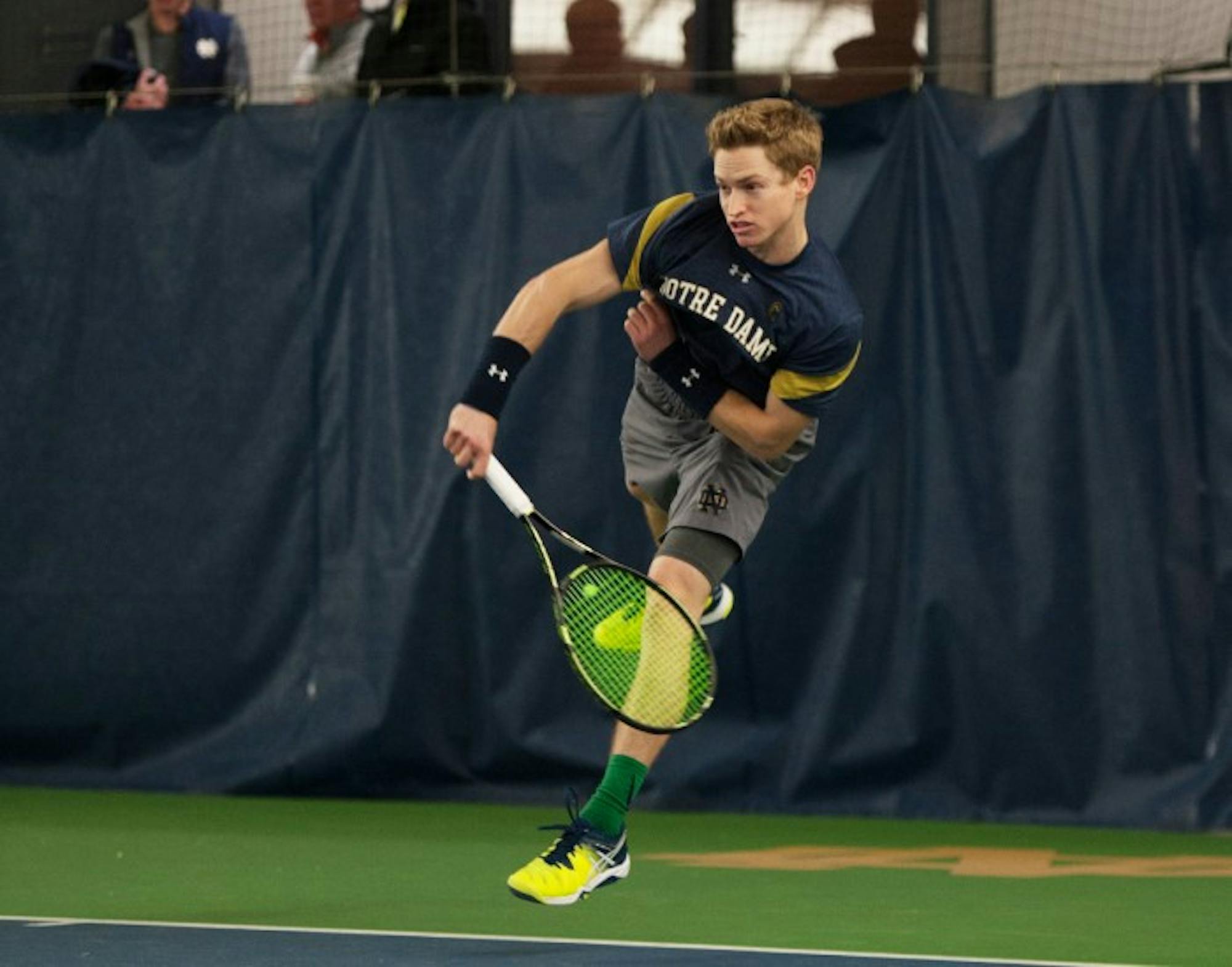 Irish senior Josh Hagar serves the ball during Notre Dame's 7-0 win over Boston College on Feb. 11 at Eck Tennis Pavilion.