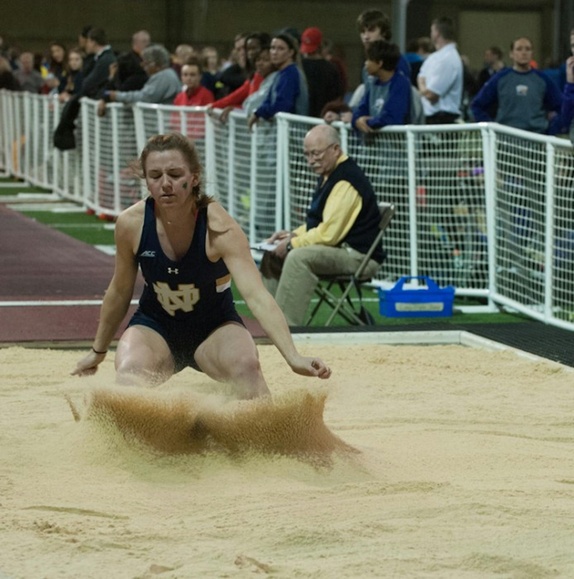 Sophomore jumper Emily Carson lands one of her long jumps at the Meyo Invitational on Feb. 6 at Loftus Sports Center.
