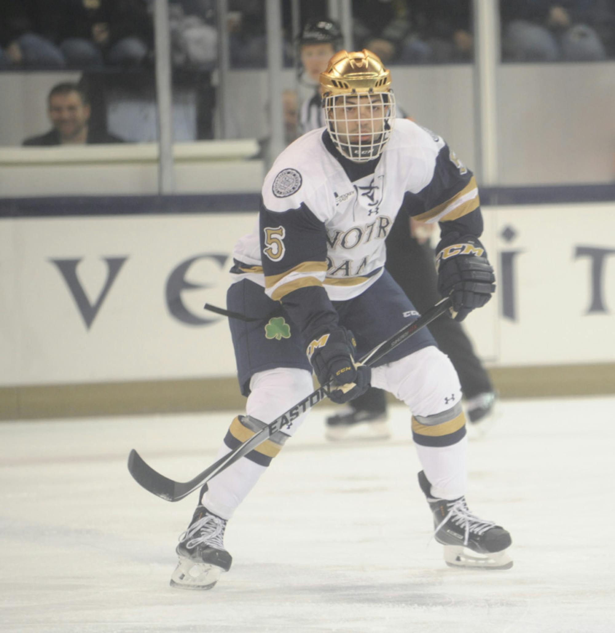 Irish senior defenseman Robbie Russo awaits a pass during Notre Dame’s loss to Waterloo on Sunday at Compton Family Ice Arena.