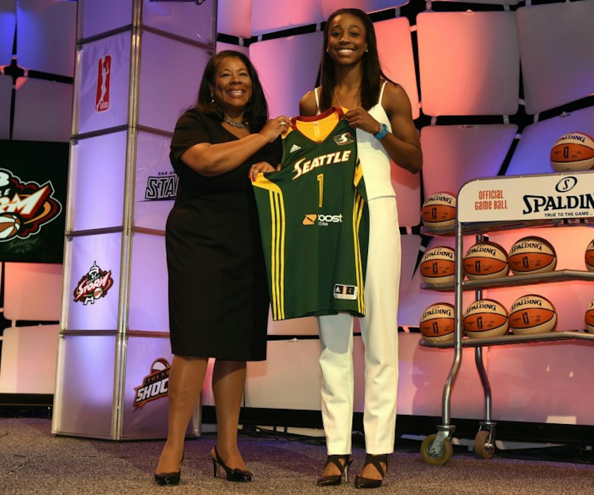 WNBA President Laurel Richie poses with Jewel Loyd after she was selected number one overall by the Seattle Storm during the 2015 WNBA Draft Presented By State Farm on April 16, 2015 at Mohegan Sun Arena in Uncasville, Connecticut.  NOTE TO USER: User expressly acknowledges and agrees that, by downloading and/or using this Photograph, user is consenting to the terms and conditions of the Getty Images License Agreement. Mandatory Copyright Notice: Copyright 2015 NBAE  (Photo by Brian Babineau/NBAE via Getty Images)