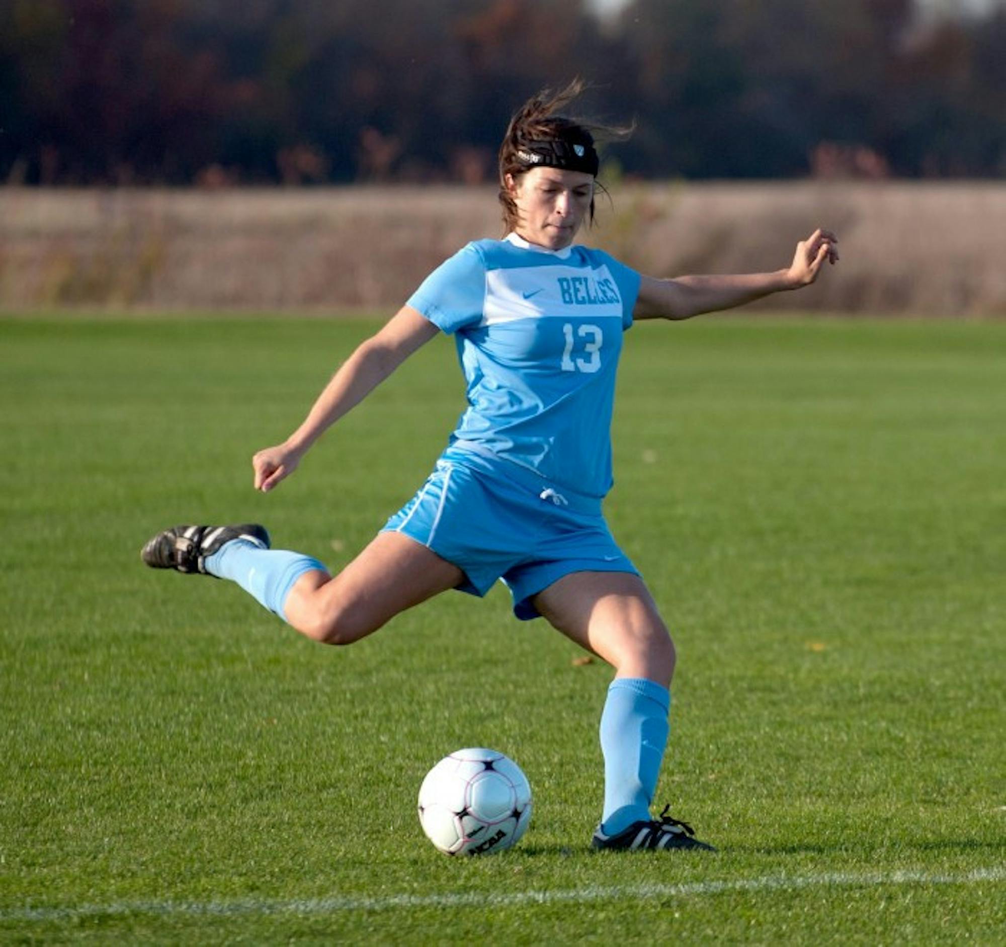 Sophomore defender Emily Rompola lines up a pass during a 2-0 loss to Olivet on Oct. 28 at Saint Mary's Soccer Field.