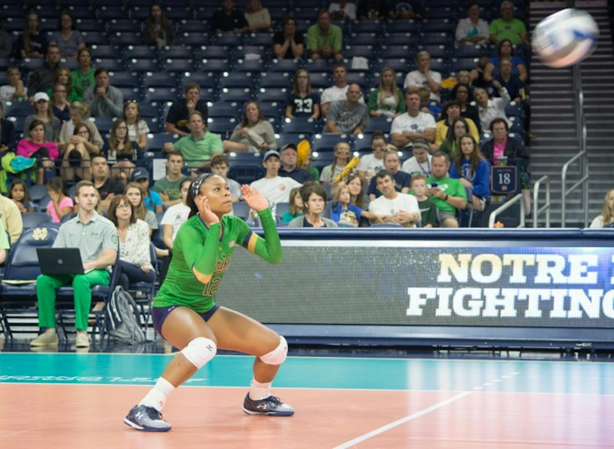 Irish freshman outside hitter Jemma Yeadon eyes the ball during Notre Dame’s 3-0 win against Western Michigan at Purcell Pavilion. Yeadon made her first collegiate appearance in Saturday’s match against Cleveland State and finished with 16 total kills against the two teams.