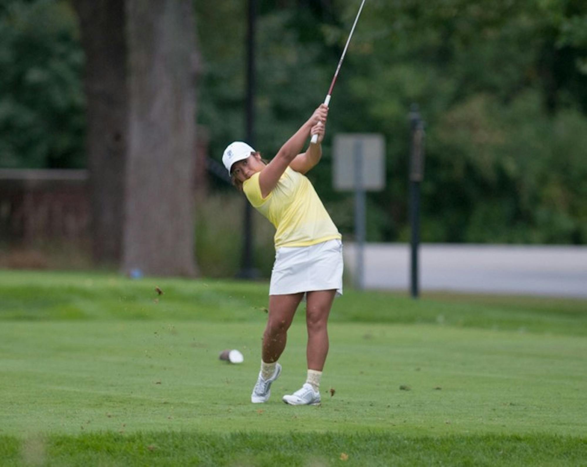 Belles sophomore Rachel Kim tees off on Sept. 15, 2013, at the O’Brien National Invitational, hosted by Saint Mary’s at Warren Golf Course.