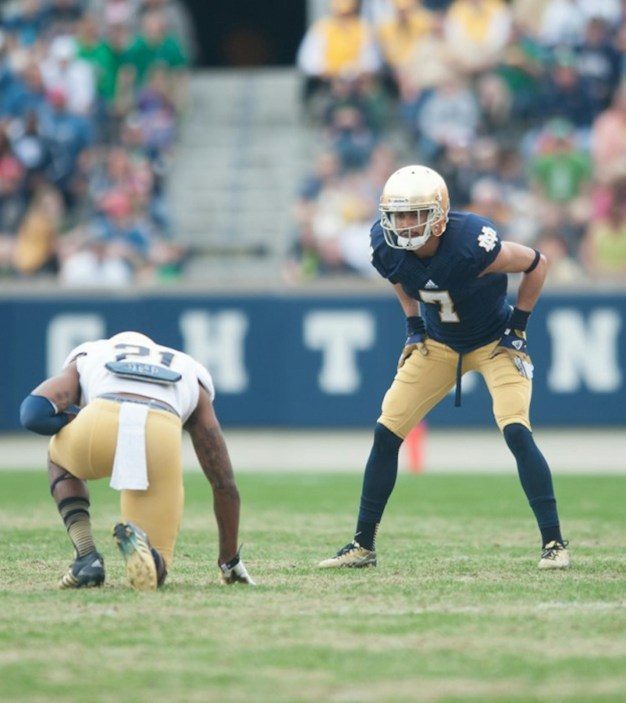 Sophomore receiver Will Fuller lines up opposite senior cornerback Jalen Brown during the Blue-Gold Game on Saturday. Fuller is part of a young receiving corps set to have a breakout 2014 season for the Irish.