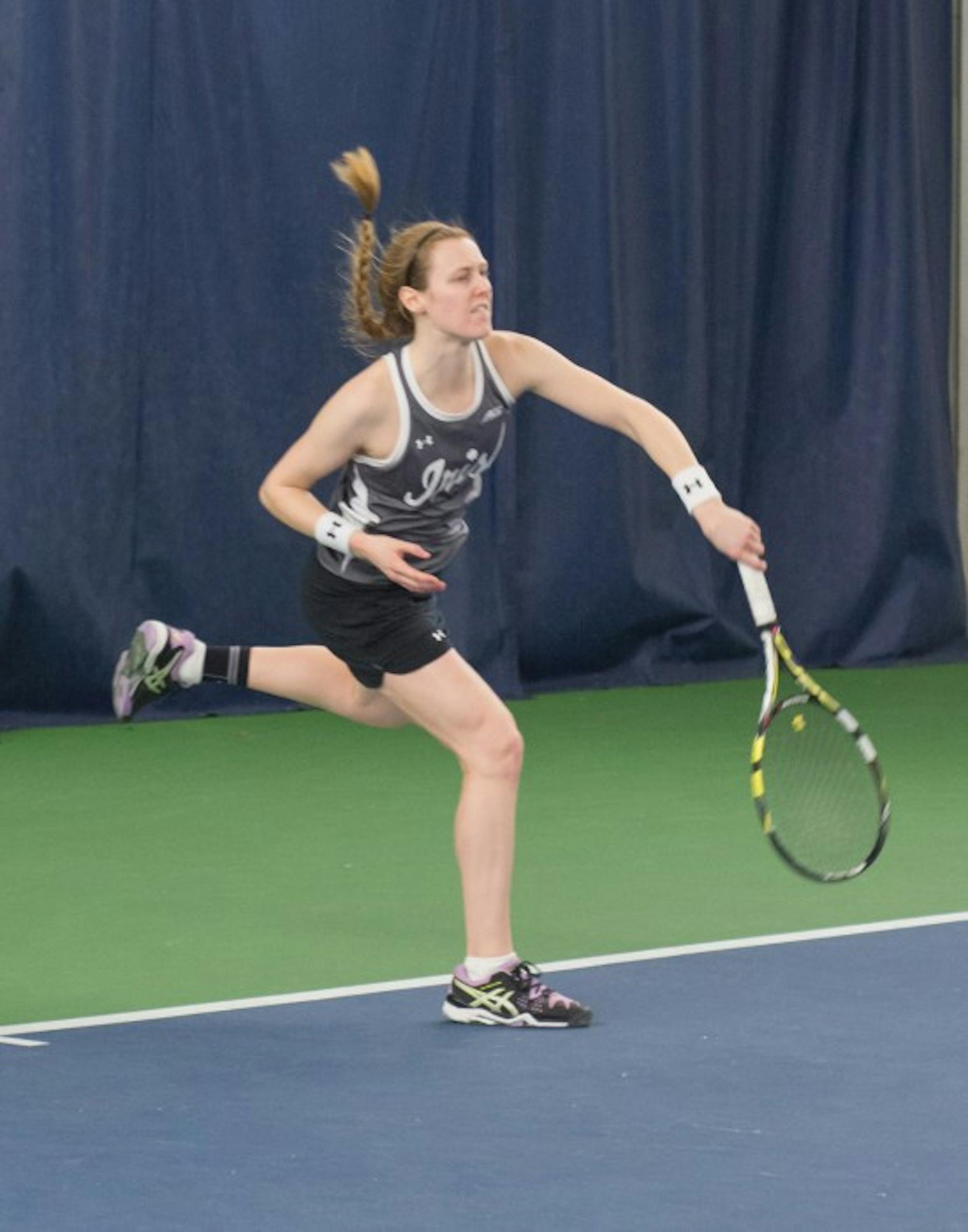 Irish sophomore Brooke Broda returns the ball during Notre Dame's 6-1 win over Indiana at Eck Tennis Pavilion on Feb. 20.