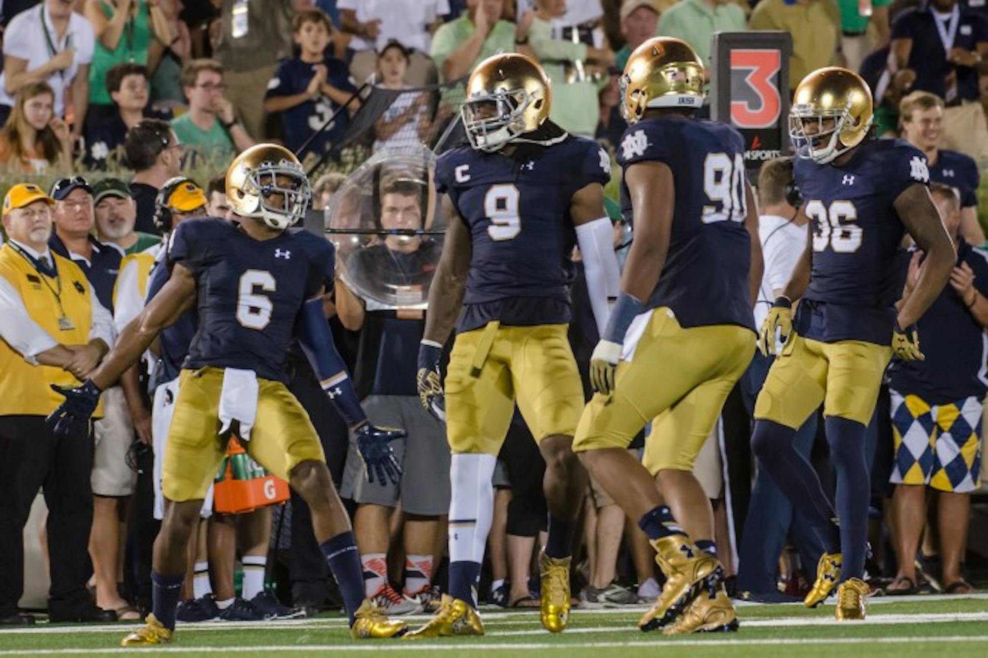 Former Irish linebacker Jaylon Smith celebrates with his teammates during Notre Dame's 38-3 victory over Texas on Sept. 4 at Notre Dame Stadium.