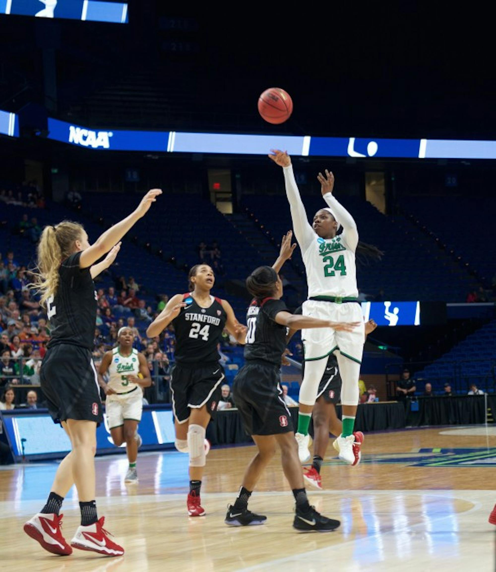 Irish sophomore guard Arike Ogunbowale releases a jumper during Notre Dame’s 76-75 loss to Stanford on Sunday at Rupp Arena.