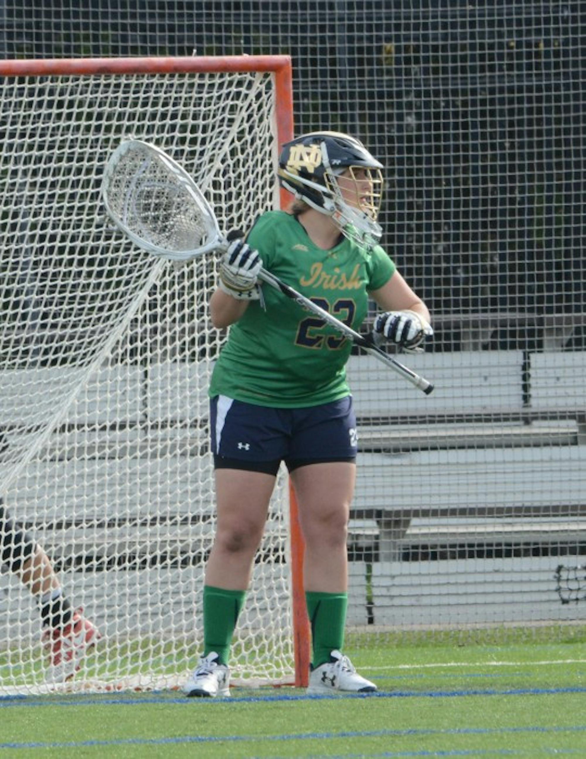 Irish sophomore goalie Samantha Giacolone guards the goal during Notre Dame’s 5-4 loss to USC on April 18 at Arlotta Stadium.
