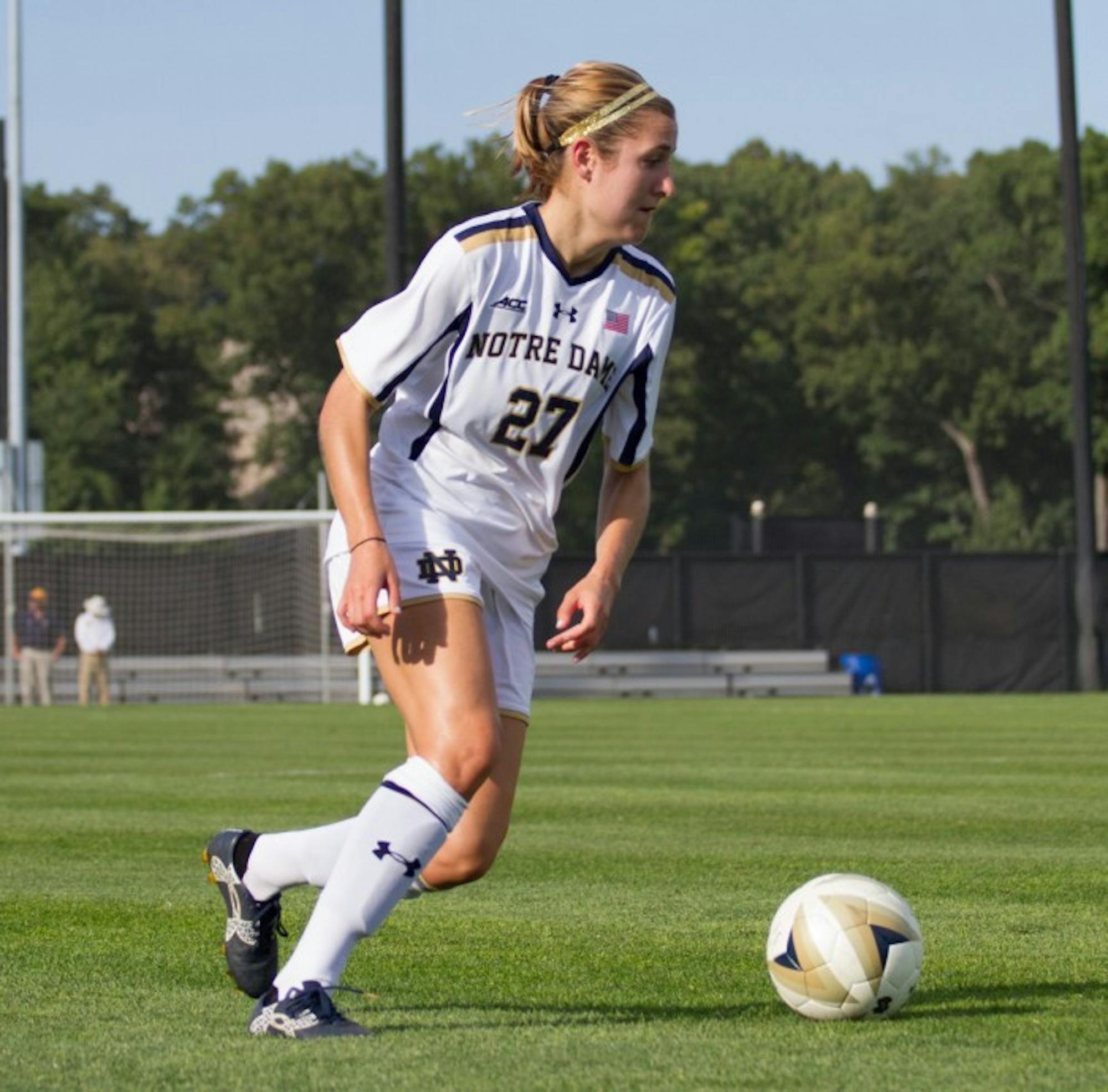 Irish senior forward and captain Kaleigh Olmsted looks to pass during Notre Dame’s 1-0 win over Missouri on Sept. 4 at Alumni Stadium.