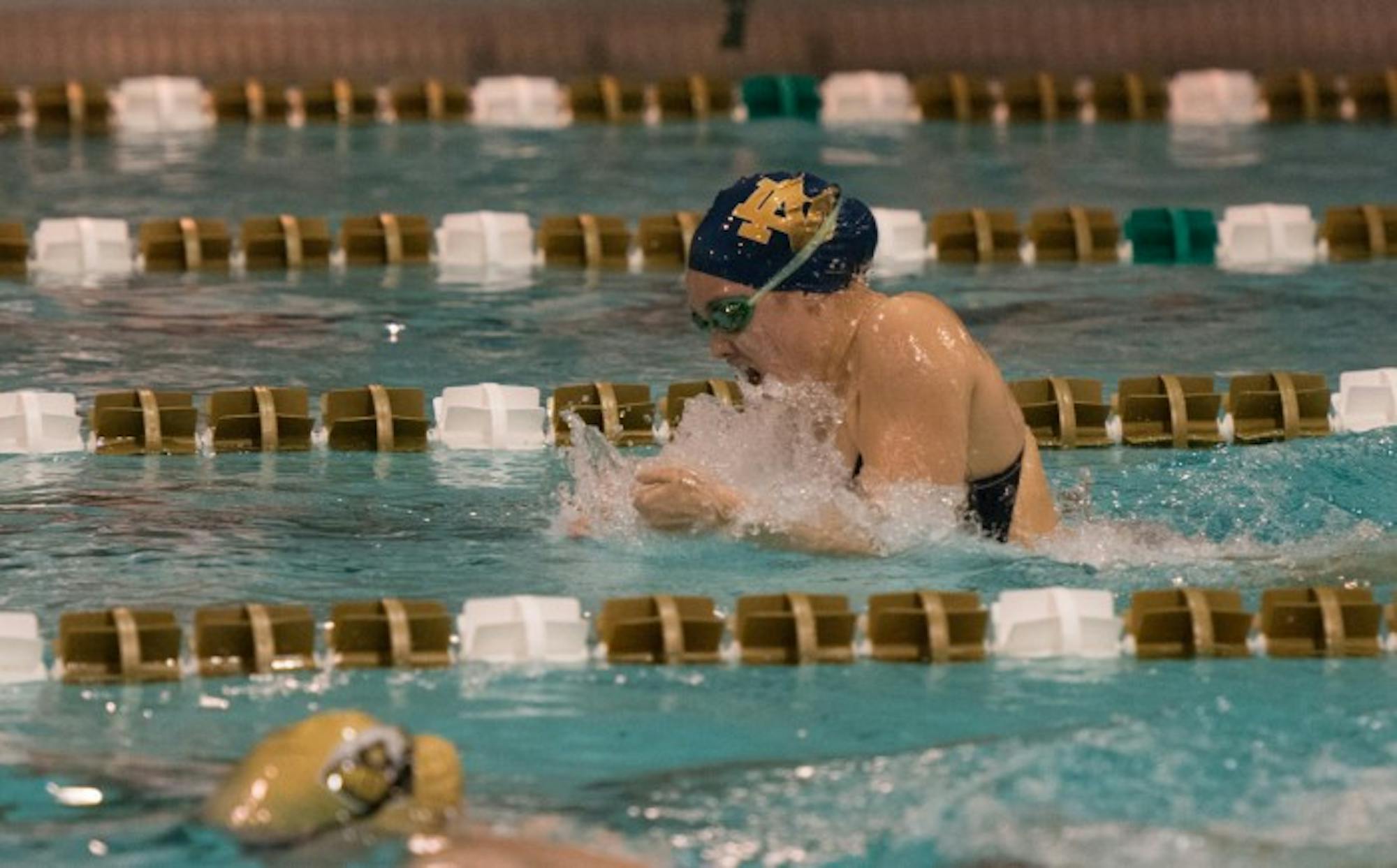 Irish senior Emma Reaney comes up for air during the breaststroke of Notre Dame’s 170-128 dual meet loss to Purdue on Nov. 1. Reaney won two individual races and one relay at the meet.
