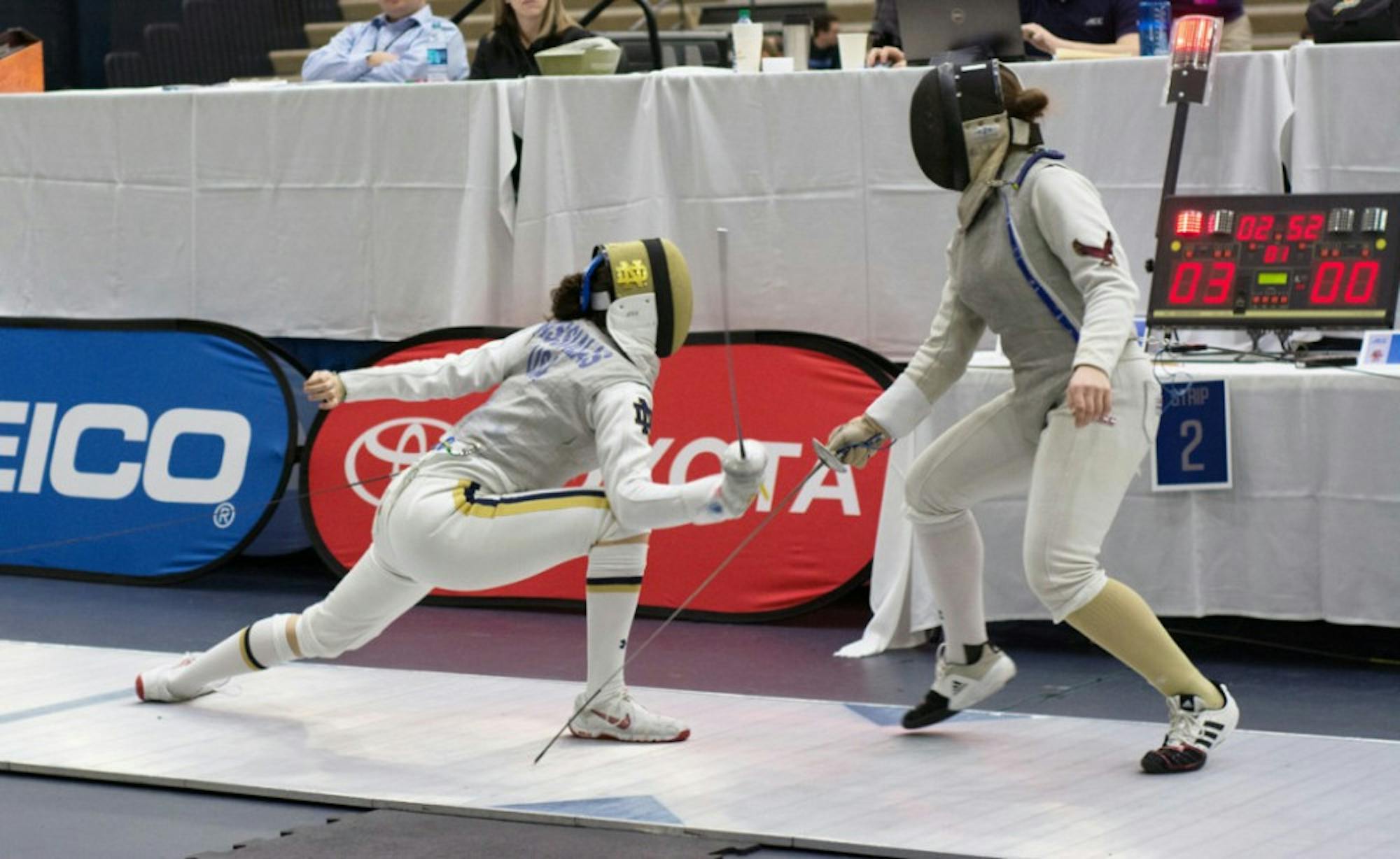 Irish freshman foilist Sabrina Massialas lunges at her opponent during the ACC championships on Feb. 27 at Castellan Family Fencing Center. Massialas went on to win the individual foil title.