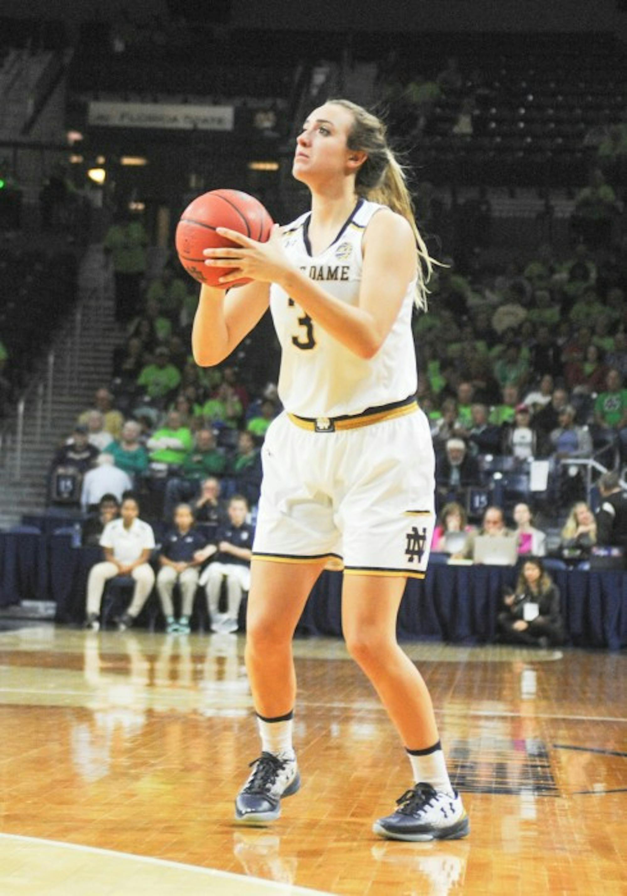 Sophomore guard Marina Mabrey loads up for a shot during Notre Dame’s 67-36 victory over Fordham on Nov. 14 at Purcell Pavilion.