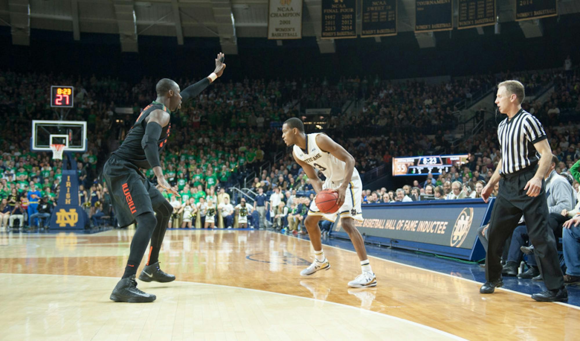 Irish sophomore guard V.J. Beachem looks for an opening during Notre Dame’s 75-70 victory against Miami (Fla.) on Jan. 17 at Purcell Pavilion.