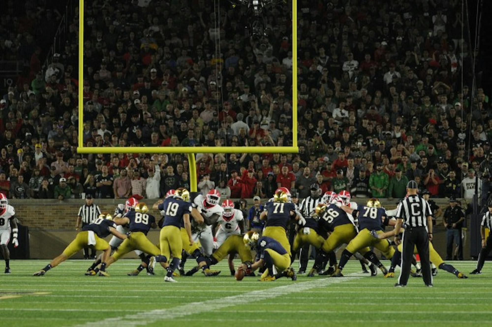 Irish junior Justin Yoon kicks a field goal during Notre Dame's 20-19 loss to Georgia on Saturday at Notre Dame Stadium. Yoon was 4-for-4 on the day kicking.