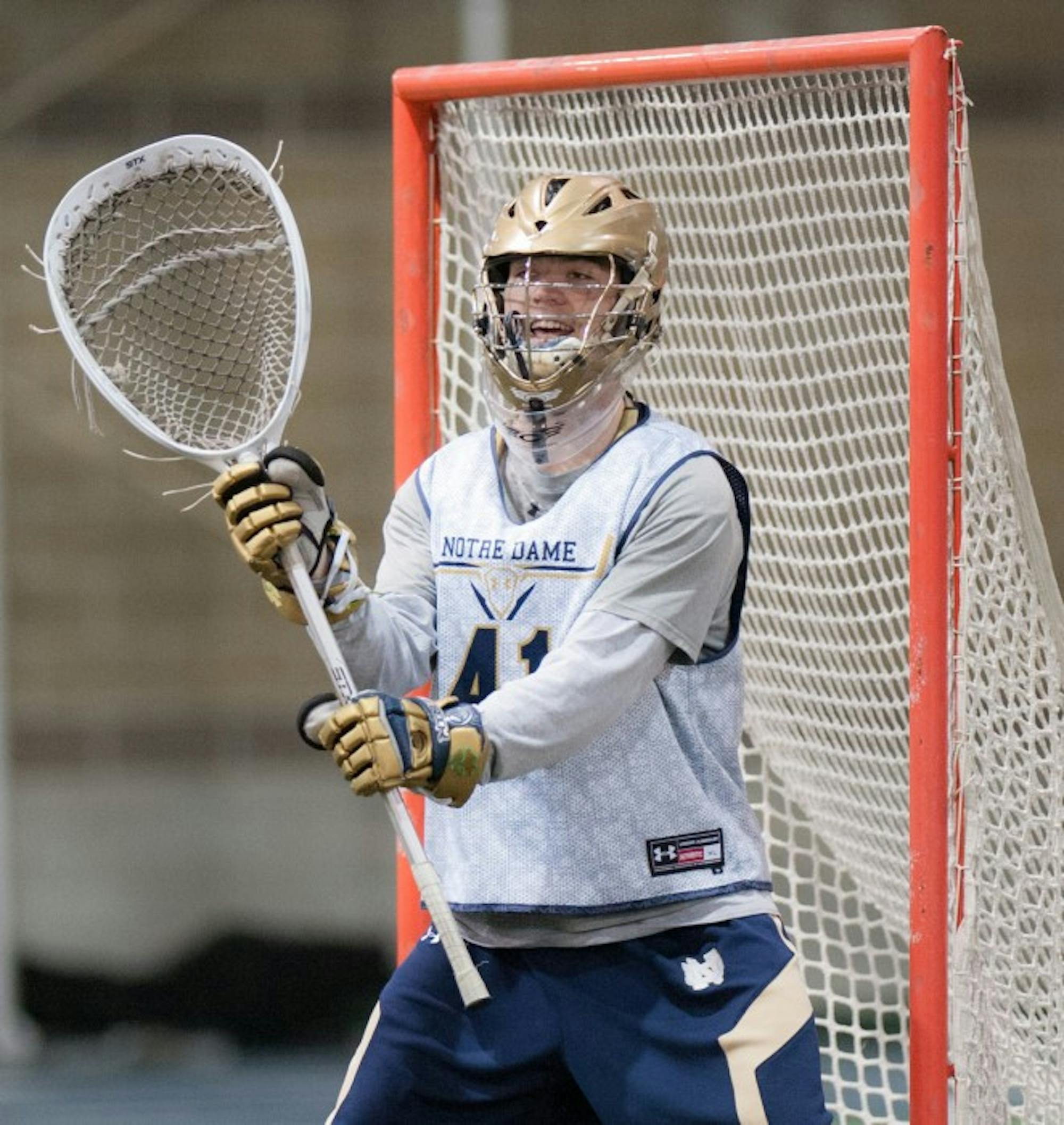 Sophomore Shane Doss blocks the goal in a scrimmage against Air Force on Jan. 31 at Loftus Sports Center. Doss has 91 saves for Notre Dame this season.