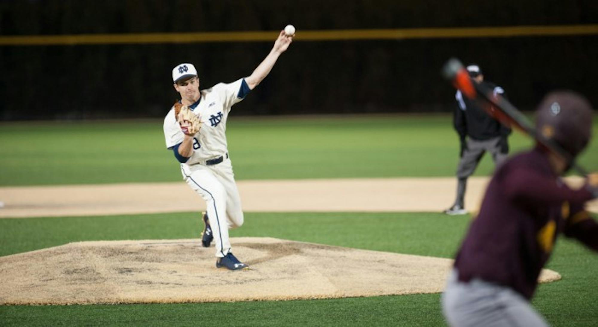 Irish junior left-hander Scott Tully delivers a pitch during Notre Dame’s 8-3 win over Central Michigan on March 18 at Frank Eck Stadium. Tully led the team with 63 strikeouts over 65 1/3 innings as he started five games and compiled a 4-4 record and 3.17 earned-run average.