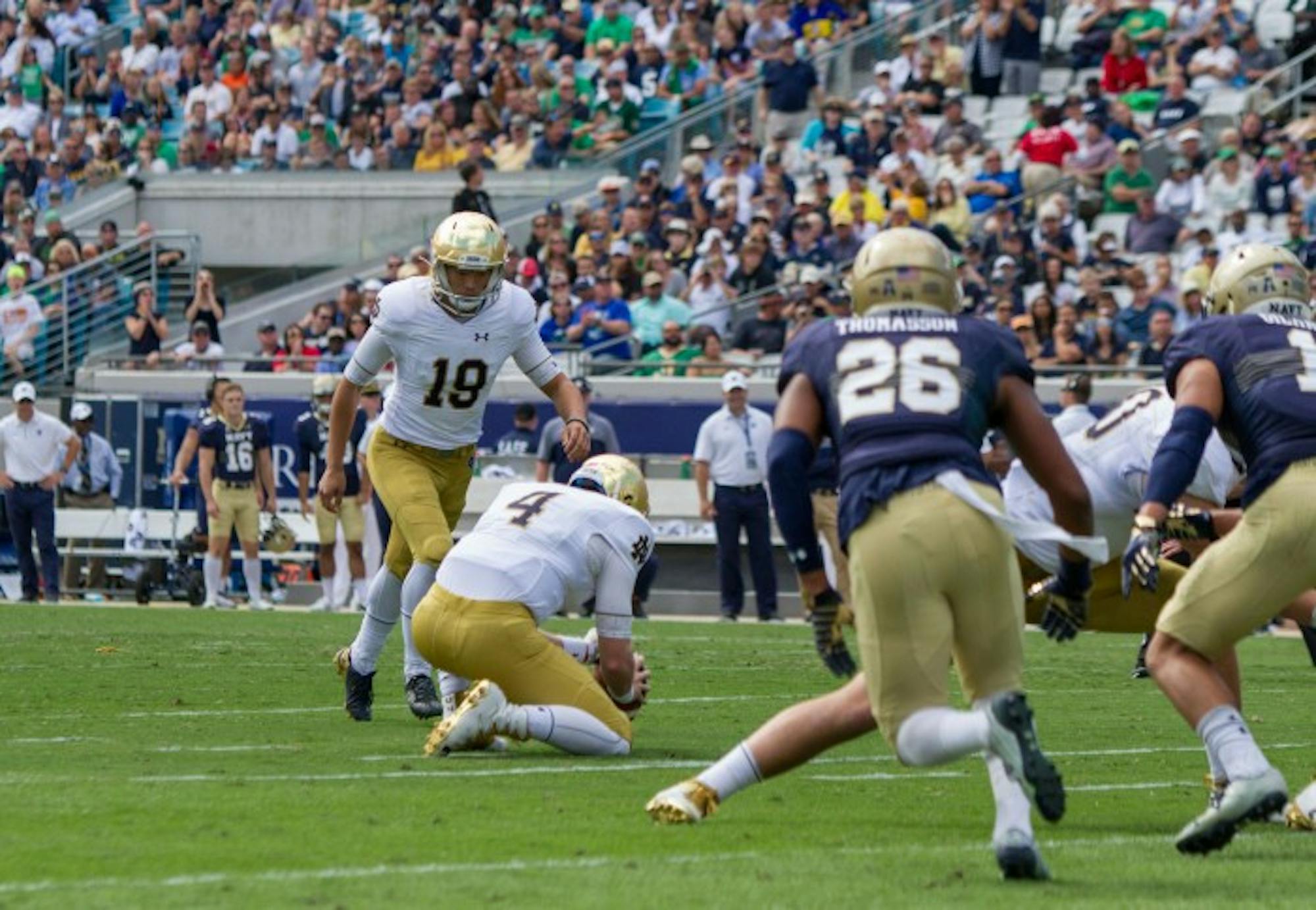 Irish sophomore Justin Yoon lines up a 31-yard field goal in the fourth quarter of Notre Dame's 28-27 loss to Navy on Saturday in Jacksonville. The field goal marked the last possession for Notre Dame.