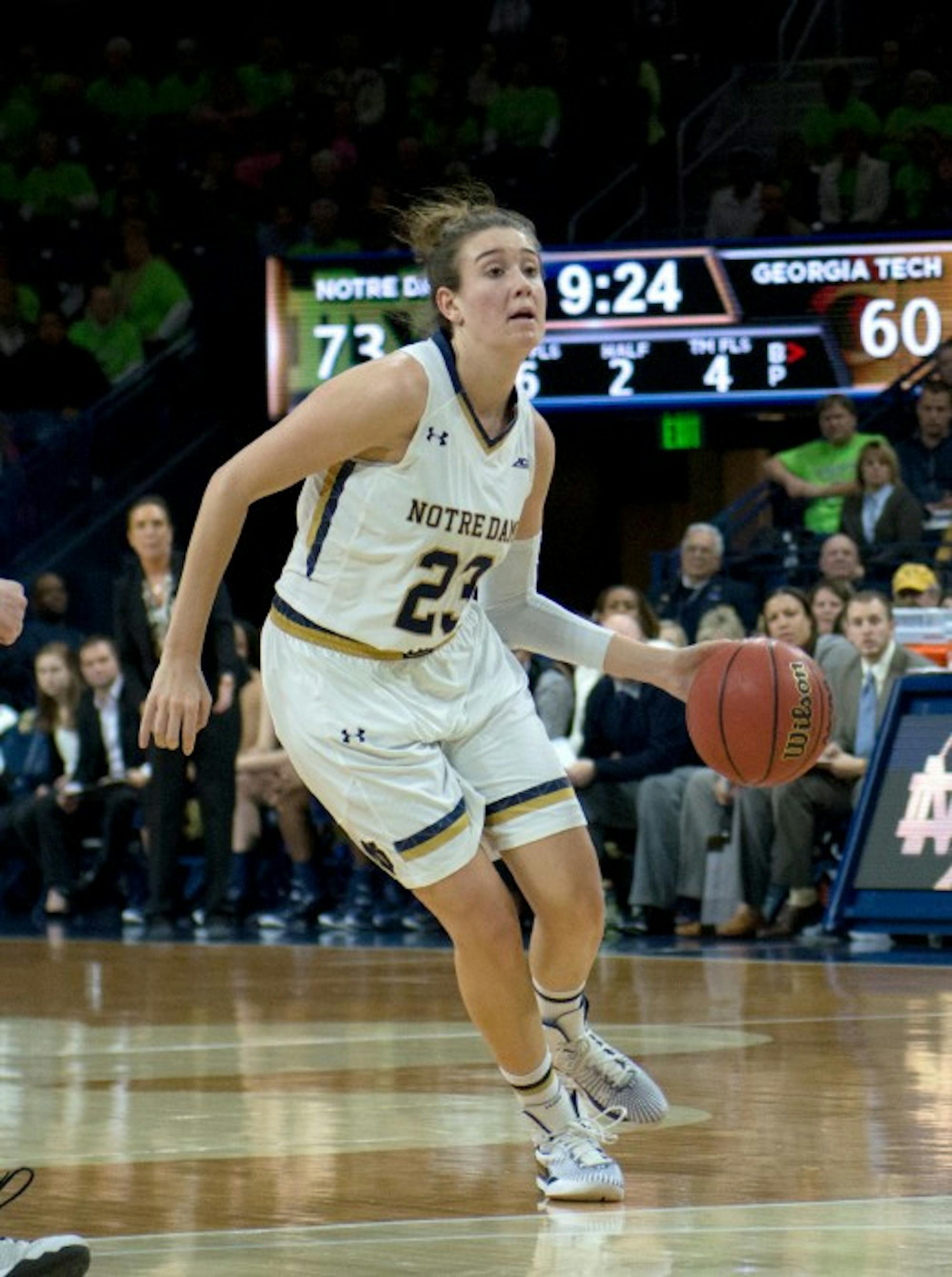 Irish freshman forward Kathryn Westbeld surveys the defense during Notre Dame's 89-76 win Thursday over Georgia Tech at Purcell Pavilion.