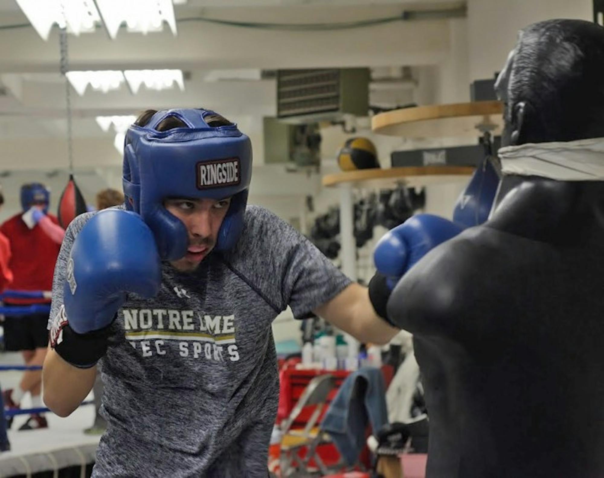 Junior Lorenzo Cabrera of Sorin College prepares for Bengal Bouts during practice at the Pit on Feb. 8. He and the rest of the Bengal Bouts participants will compete Sunday during the first round of the tournament.