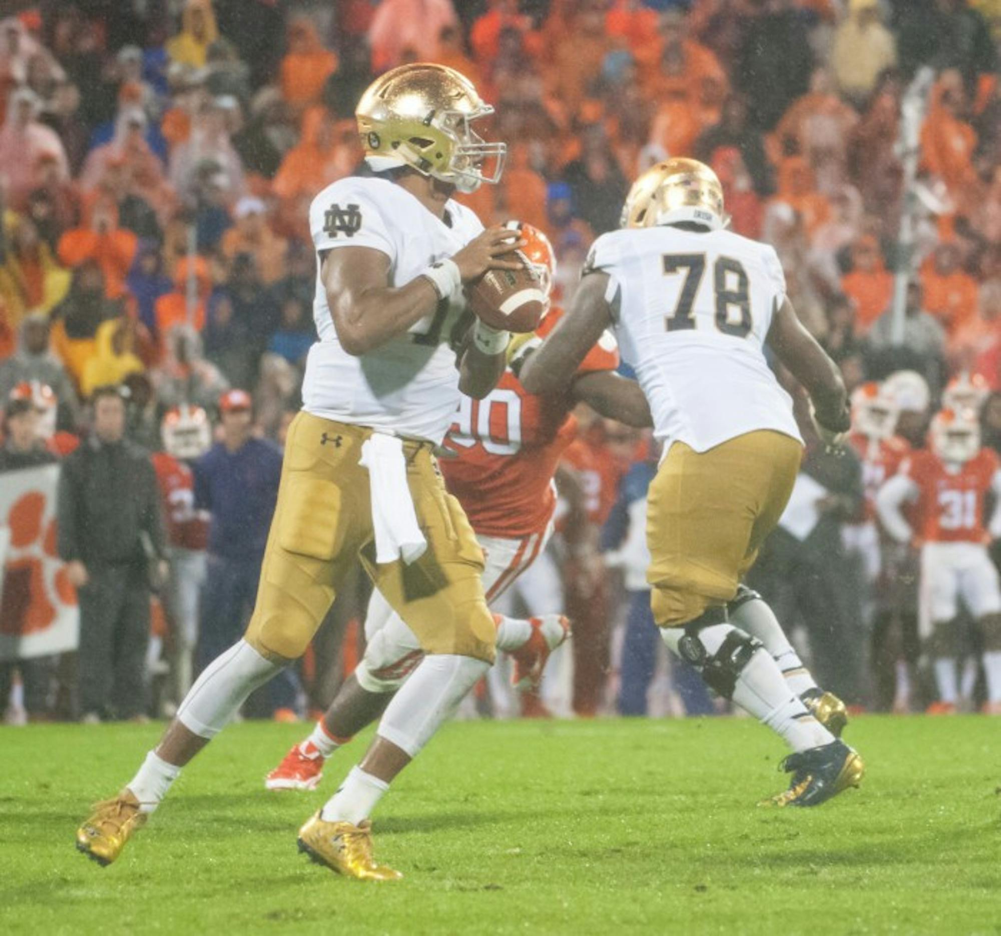 Sophomore quarterback DeShone Kizer drops back for a pass  during Notre Dame’s 24-22 loss at No. 6 Clemson on Saturday.