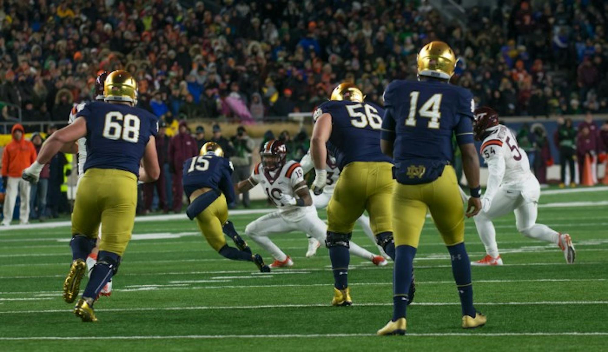 Irish freshman receiver C.J. Sanders catches a pass in Notre Dame's 34-31 loss to Virginia Tech.