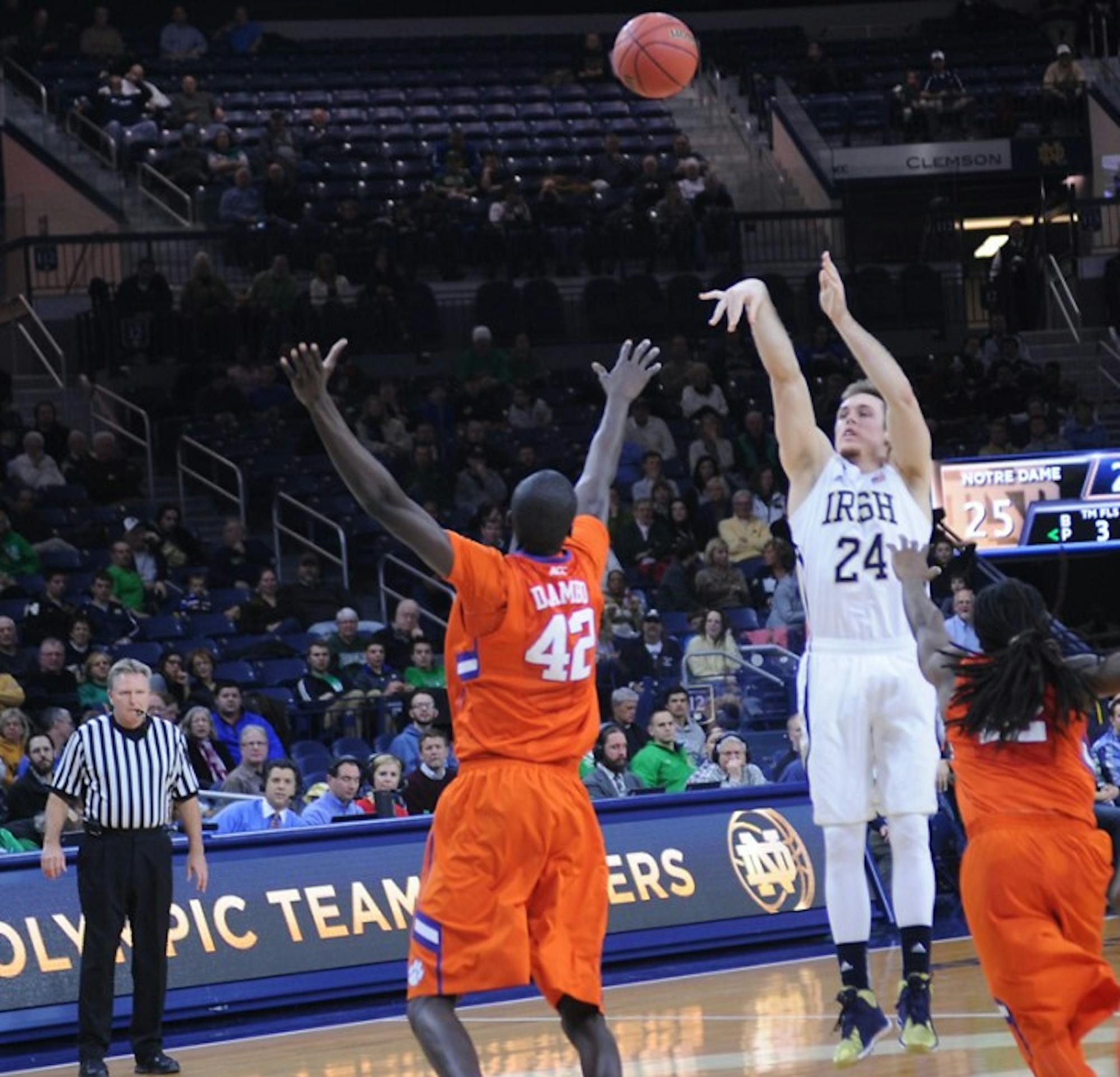 Irish junior guard/forward Pat Connaughton releases a shot during Notre Dame’s 68-64 double-overtime win over Clemson on Feb. 11.